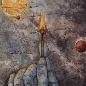 Student illustration showing hand holding a match with space in the background