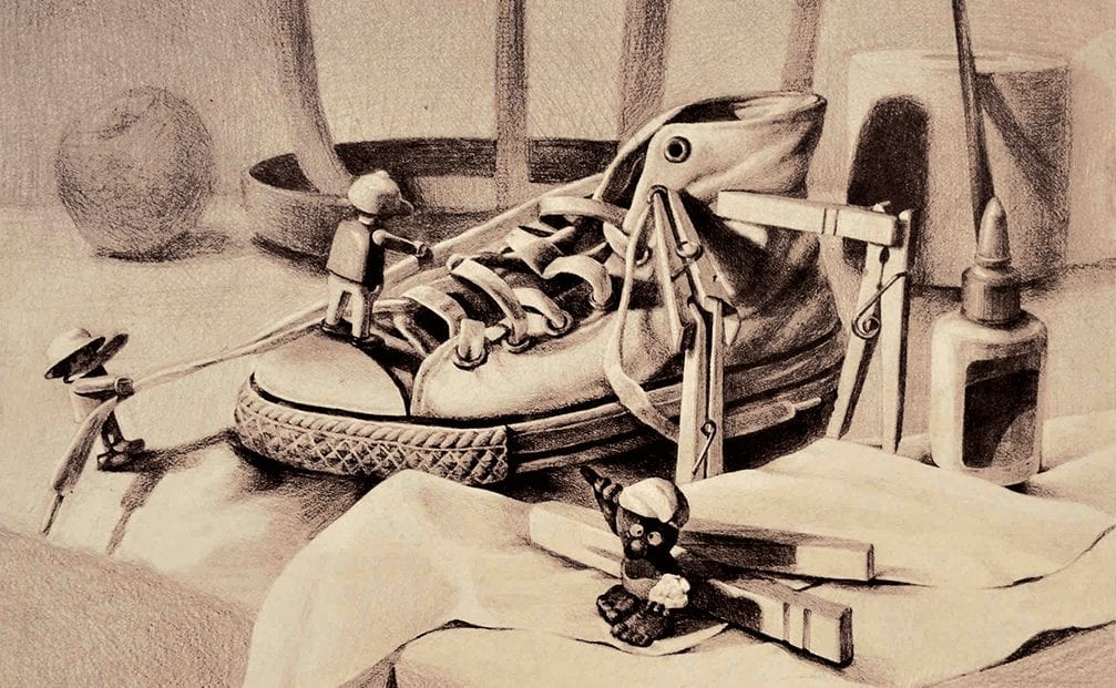 Charcoal still life drawing of sneaker, orange and art supplies on a table